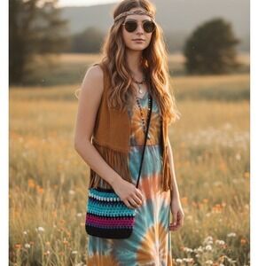 THE SAK Shoulder Bag Multicolor Chevron Hippie Boho Travel Crocheted Purse Charm